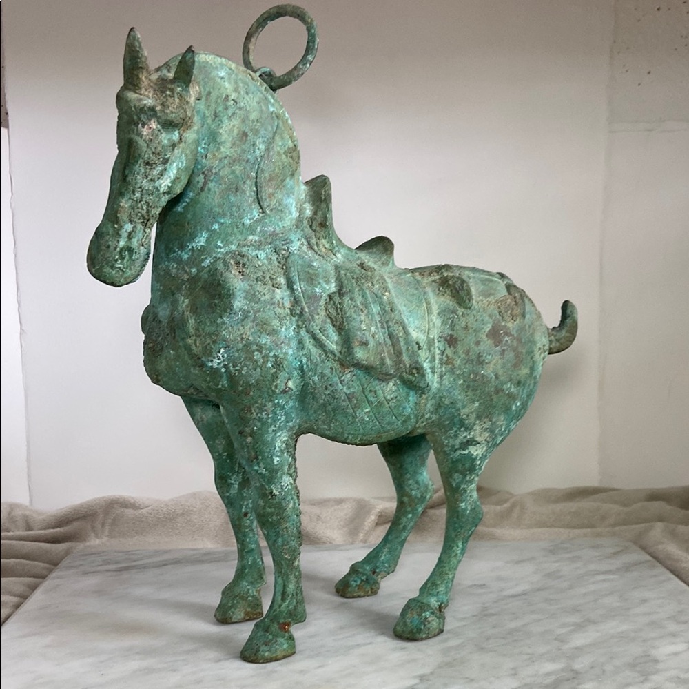 Elegant Antique Green Bronze Rustic Green Patina Horse Sculpture